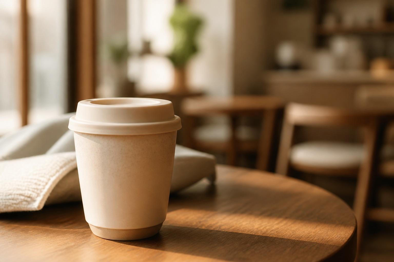 A takeaway coffee cup on a café table in warm natural light