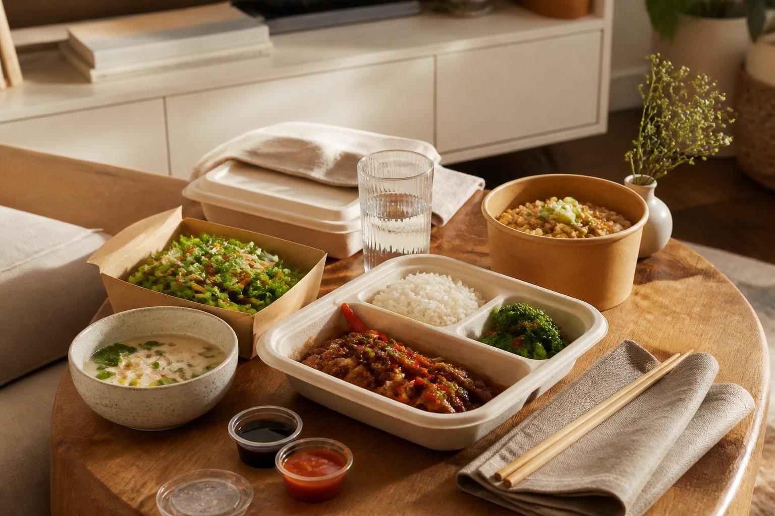 Takeout dinner containers on a table