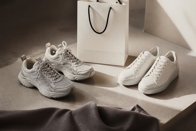 Sneakers and a shopping bag suggesting a purchase decision